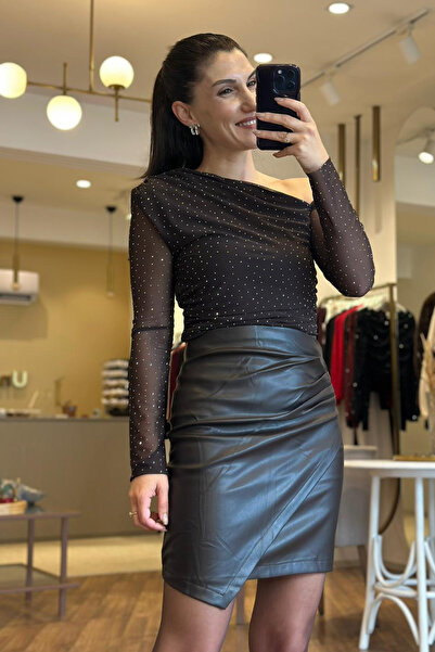 Unique Boutique Kahverengi Taşlı Tül Bluz