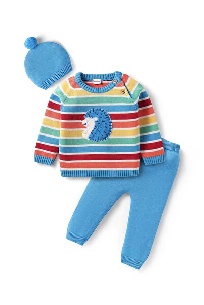 Babyhug Knitted Full Raglan Sleeves Pullover Striped Sweater Set with Cap & Hedgehog Design- Blue