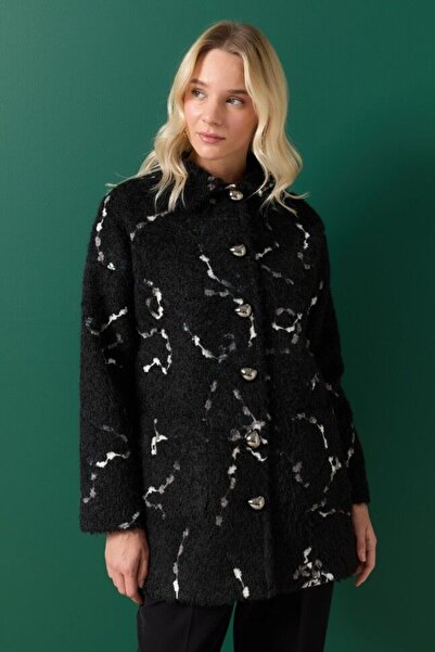 Selen Şömizye Yaka Kendinden Desen Dıştan Cep Kaban-SİYAH - 38