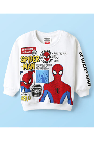 Babyhug Marvel سويت شيرت أبيض بأكمام طويلة منسدلة من قماش تيري مزين برسومات س...