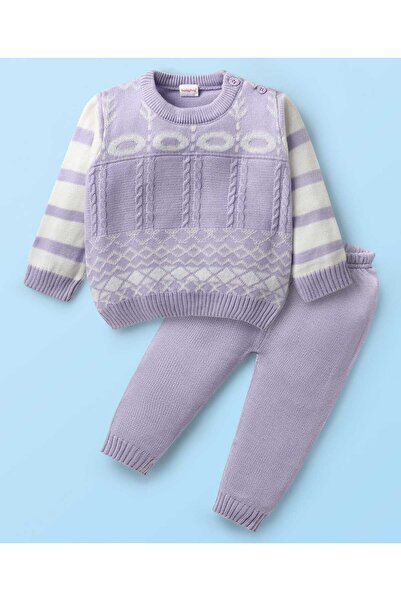 Babyhug Knitted Full Sleeves Pullover Sweater Set with Cable Knit & Fair Isle Design - Lavender