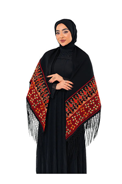 Zaytoon Culoare neagră, broderie tradițională roșie și portocalie, cu ciucuri, 180*180 S300015