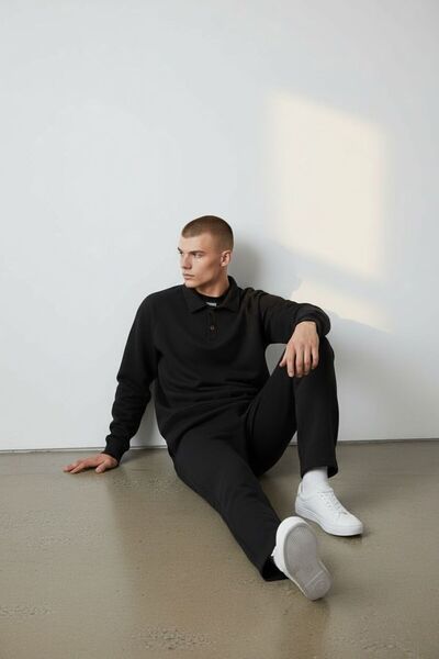 Altamira Men's 3 Thread Thick Black Buttoned Polo Neck and Baggy Tracksuit Set