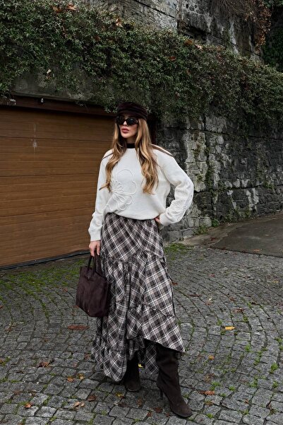 Laluvia Brown Layered Plaid Skirt - 2213