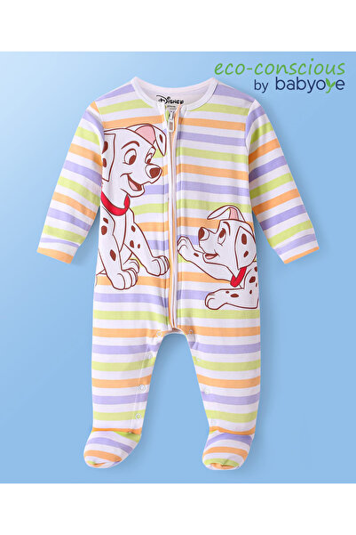 Babyoye Disney بدلة نوم مخططة بأقدام مزينة بطبعة 101 كلب مرقش - أبيض