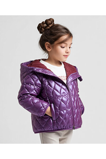 Primo Gino Girls Full Sleeve Solid Puffer Quilted Jackets with Hoodie - Purple