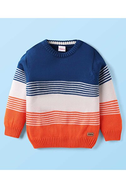 Babyhug Knitted Full Sleeves Pullover Sweater Stripes & Colour Block Design - Blue, White &Orange