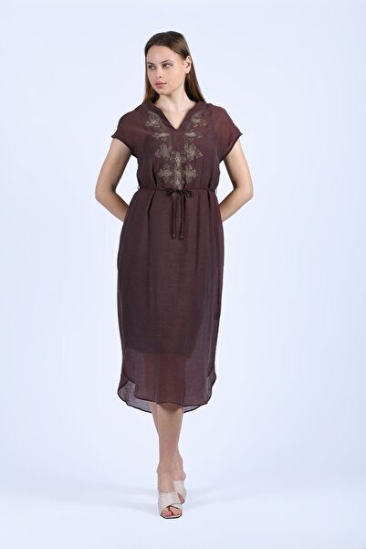 la luce Kahve Yakası İşlemeli Tül Elbise - LE561
