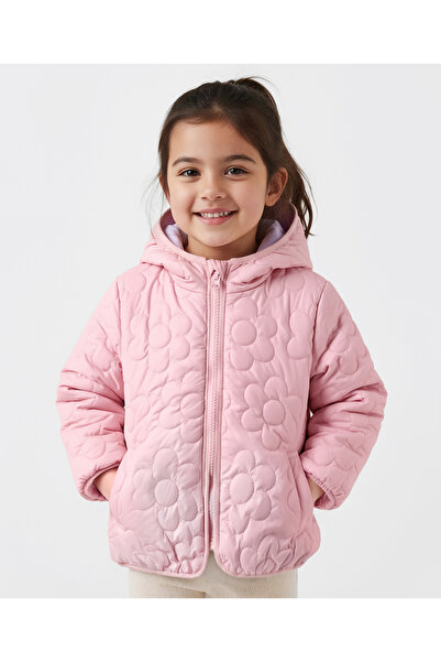 Bonfino Full Sleeves All Over Flower Quilted Puffer Jackets With Hood - Pink
