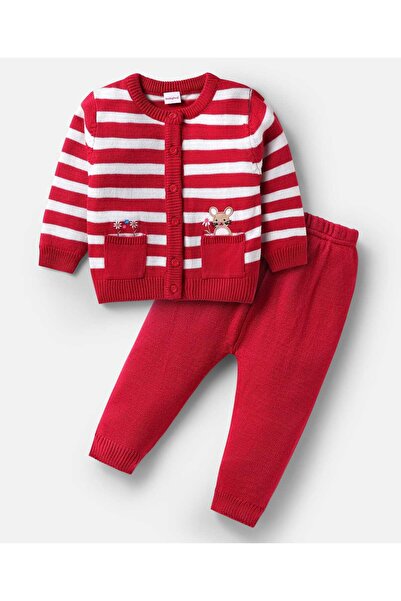 Babyhug Knitted Full Sleeves Front Open Sweater Set with Stripes - White & Red