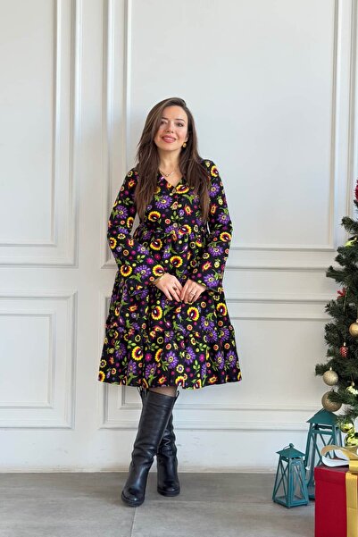 Yağmur Butik V Yaka Fırfırlı Pazen Elbise