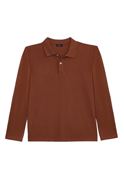 Tudors Men's Standard Fit Relaxed Fit Cotton Soft Textured Plain Pique Long Sleeve Brown Polo Neck T-Shirt