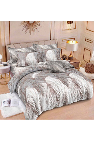 trendyhome Cotton Finet Bed Linen Set, 6 Pieces, Feather Pattern, Beige/Grey