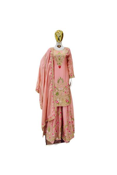 MYSMAR Baby Pink Chinon Silk Kurti Sharara Dupatta - HRT4627 | Baby Pink