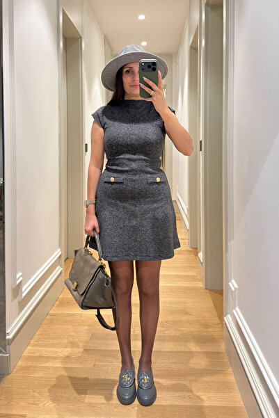 MAGARDE Sleeveless Button Detail Premium Dress- Anthracite