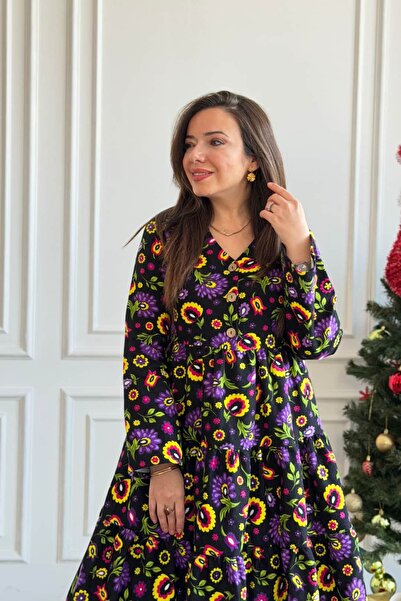 yb yağmur butik V-Neck Ruffled Flannel Dress