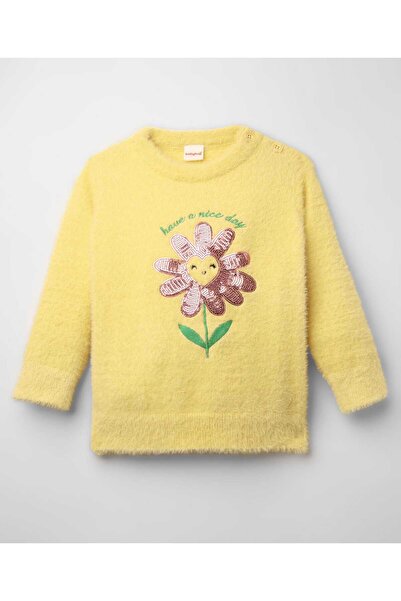 Babyhug Knitted Full Sleeves Soft Hairy Yarn Pullover Sequinned Sweater - Yellow