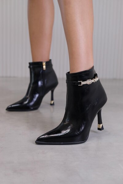 Stil Durağı Pm2005 Model 8 cm Heel Height Stone Detailed Short Boots Siy.Kirisk