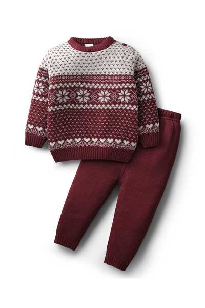 Babyhug Knit Full Sleeves Sweater Set with Floral Design - Maroon
