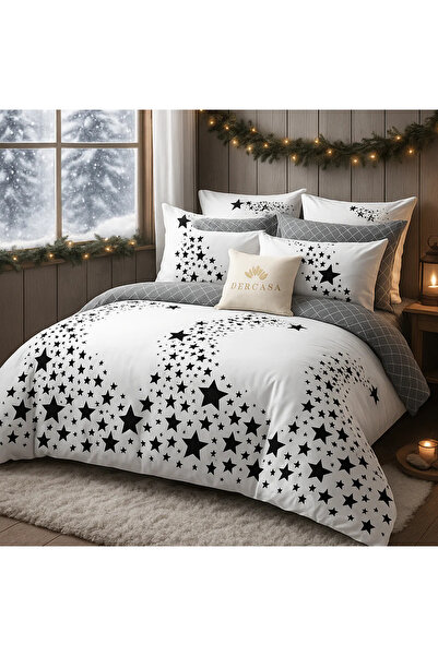 Pucioasa Finet 6-piece double bed linen for 2 people, White with black stars pattern