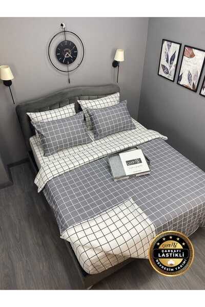 Çetinhome Çarşafı Lastikli Çift Kişilik Nevresim Takımı Kare Antrasit