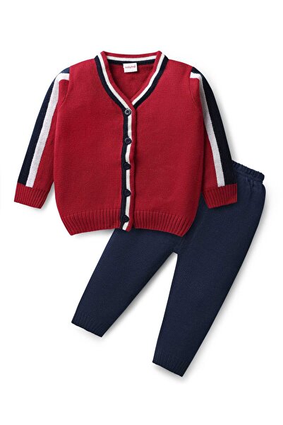 Babyhug Knitted Full Sleeves Solid V Neck Sweater Set Button & Tape Design - Red & Navy Blue