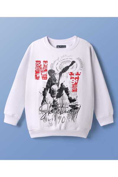 Pine kids Full Sleeves Sweatshirt with Skateboarding Print - White