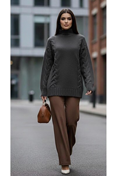 Maysev Balıkçı Yaka Loose Oversize Fit Düşük Omuz Saç Örgü Detaylı Balon Kol Kazak