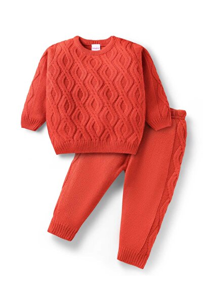 Babyhug Knit Full Sleeves Sweater Set with Cable Knit Design - Orange