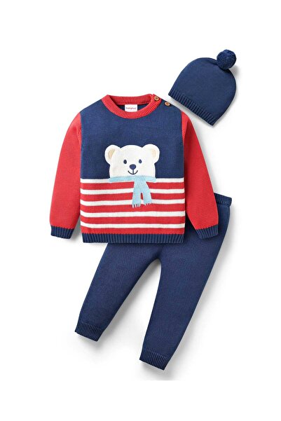 Babyhug طقم سترة قطنية عضوية محبوكة بأكمام طويلة، قبعة، تصميم دب قطبي وخطوط -...