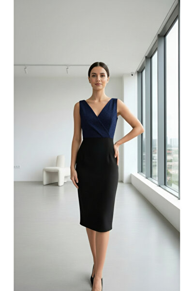 Rokka Moda Elegant Kruvaze Üstü Simli Midi Elbise
