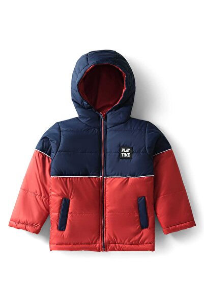 Babyhug Woven Full Sleeves Hooded Padded Jacket with Color Block Design - Rust Orange & Navy Blue
