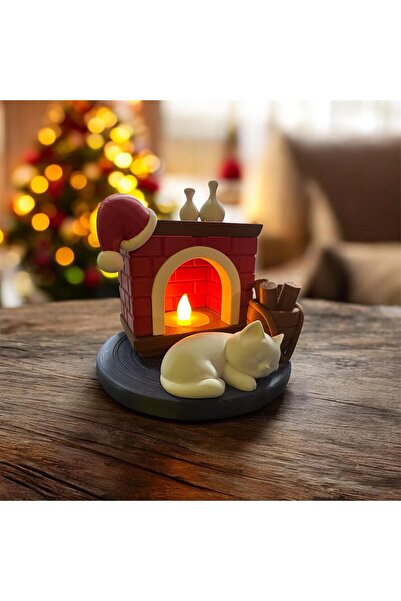 MUYU CRAFT LED Işıklı Şömine Dekoru – Uyuyan Kedi Figürlü Masa Üstü Yeni Yıl ...