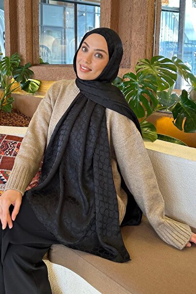 lamelif Bloom Desen Ayrobin Floş Jakar Şal Siyah