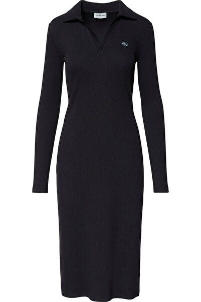 Calvin Klein Ls Woven Label Johnny Collar Mid Women's Black Dress