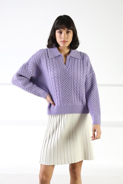 Ferraro Lilac Long Sleeve Shirt Collar Woolen Hair Knitting Patterned Women's Knitwear Sweater