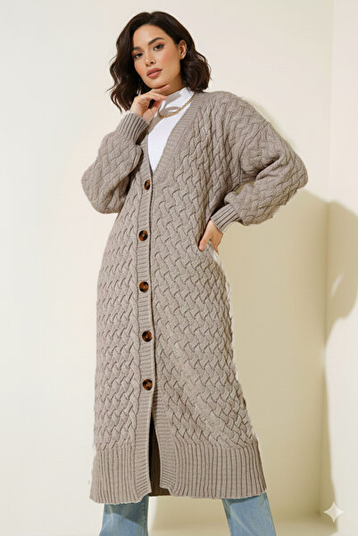 benguen Knitted Patterned Long Knitwear Cardigan R4201 Mink