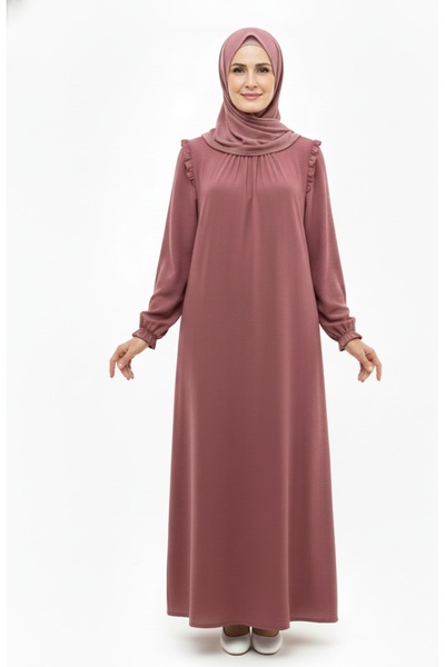 modaselda tesettür omuzu fırfır detaylı kolları lastikli anne elbisesi