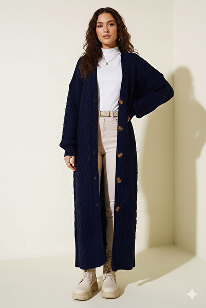 benguen Knitted Patterned Long Knitwear Cardigan R4201 Navy Blue