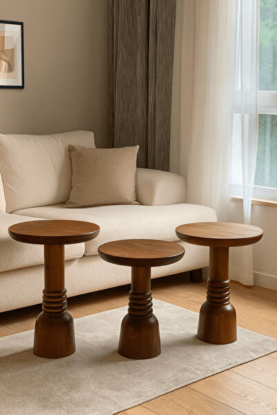 Simillo Home&Living Fındık Renk Mantar Sehpa Seti 3’lü Ahşap Zigon ve Fiskos ...