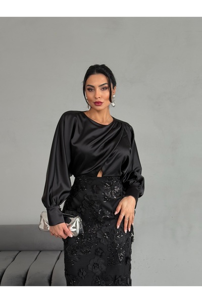 makastar Siyah Çiçek Aplikeli, Uzun Kollu Şık Abiye Elbise