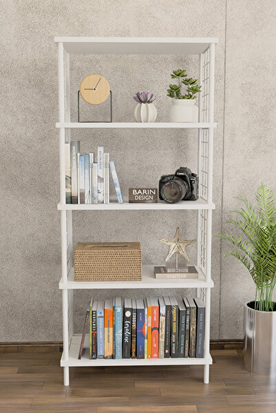 BARIN DESIGN 5 Raflı Beyaz Telli Metal Kitaplık Salon, Ofis, Çalışma Odası - ...