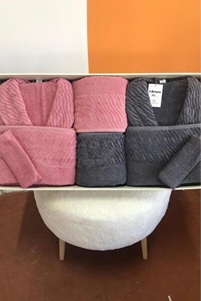 Çeyiz Diyarı Zebra 8 Piece Family Bathrobe Set Dusty Rose - Anthracite