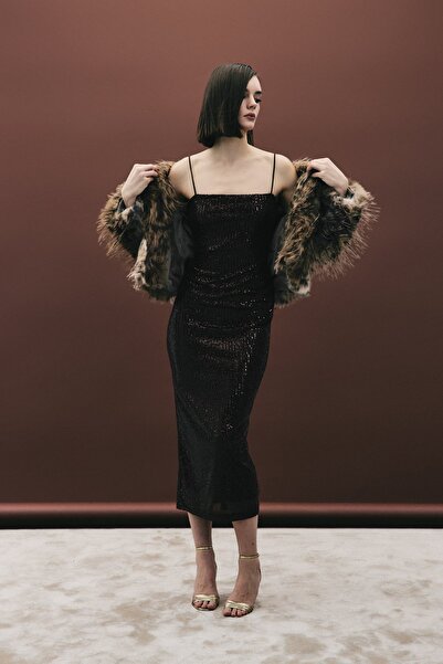 Sateen Strappy Long Sequin Dress - Brown