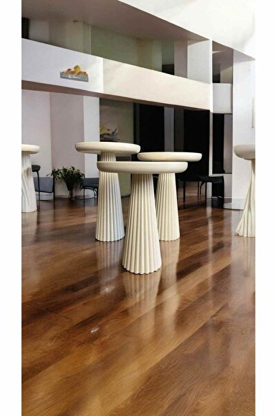 Simillo Home&Living Ahşap Mantar Sehpa 3’lü Set Krem Renk Fiskos Sehpa Zigon