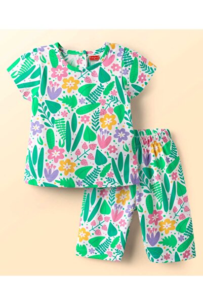 Babyhug Cotton Knit Half Sleeves T-Shirt and Capri Set With Floral Print - White & Light Green