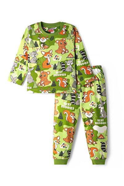 Babyhug Cotton Knit Full Sleeves Co-Ord Night Suit with Animal Print - Green