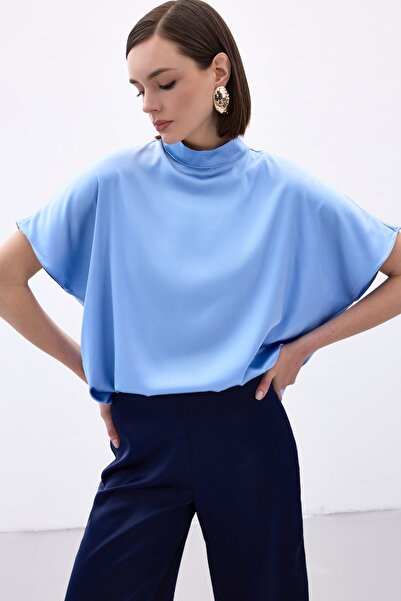 Sateen Batwing Sleeve Casual Blouse - Baby Blue