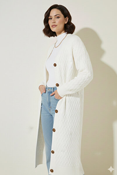 benguen Knitted Patterned Long Knitwear Cardigan R4201 Ecru