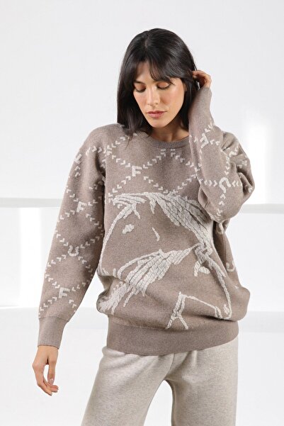 Ferraro Mink/Beige Long Sleeve Crew Neck Cashmere Embossed Patterned Women's Knitwear Sweater